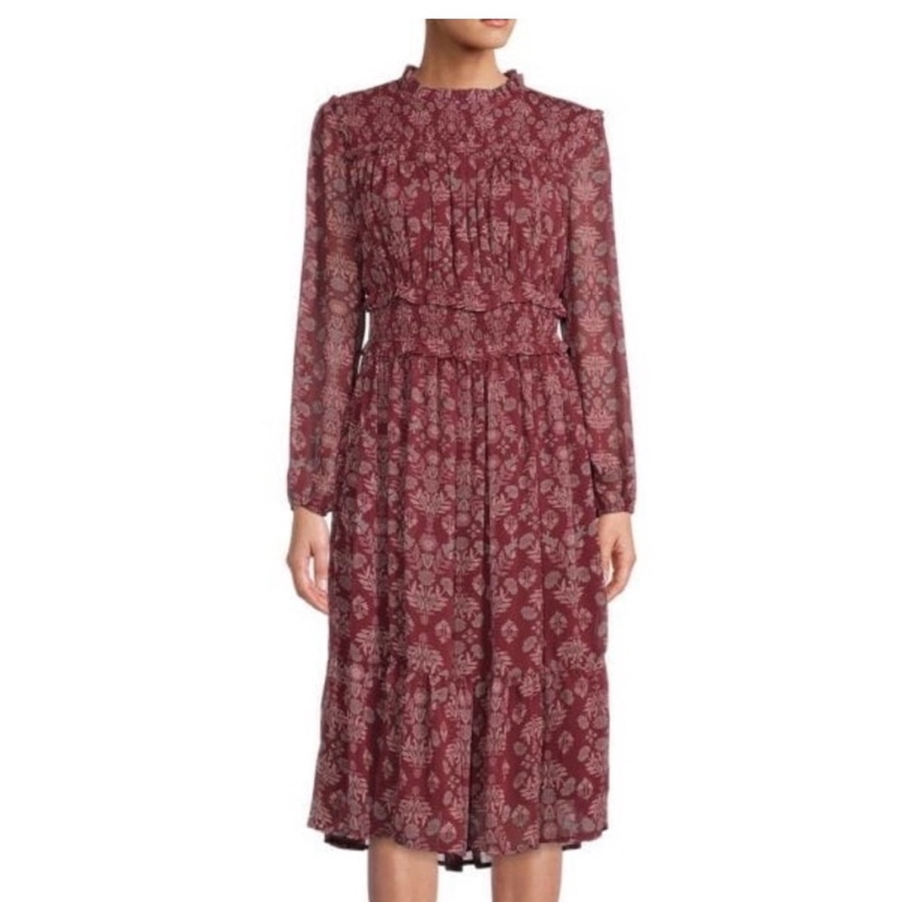 Saks Fifth Avenue Burgundy Floral Midi Dress XL Boho Cottagecore 16-18
